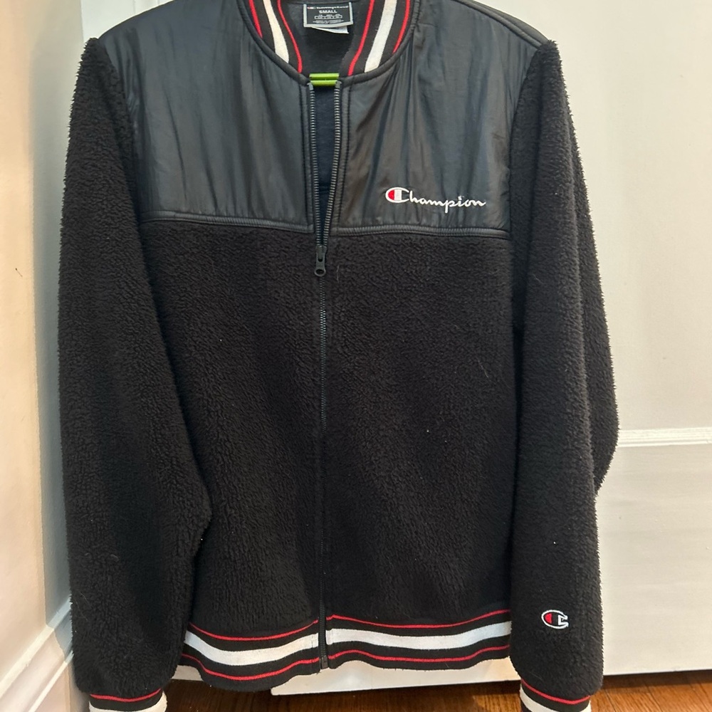 Champion Black Varsity Bomber Jacket with Striped Trim